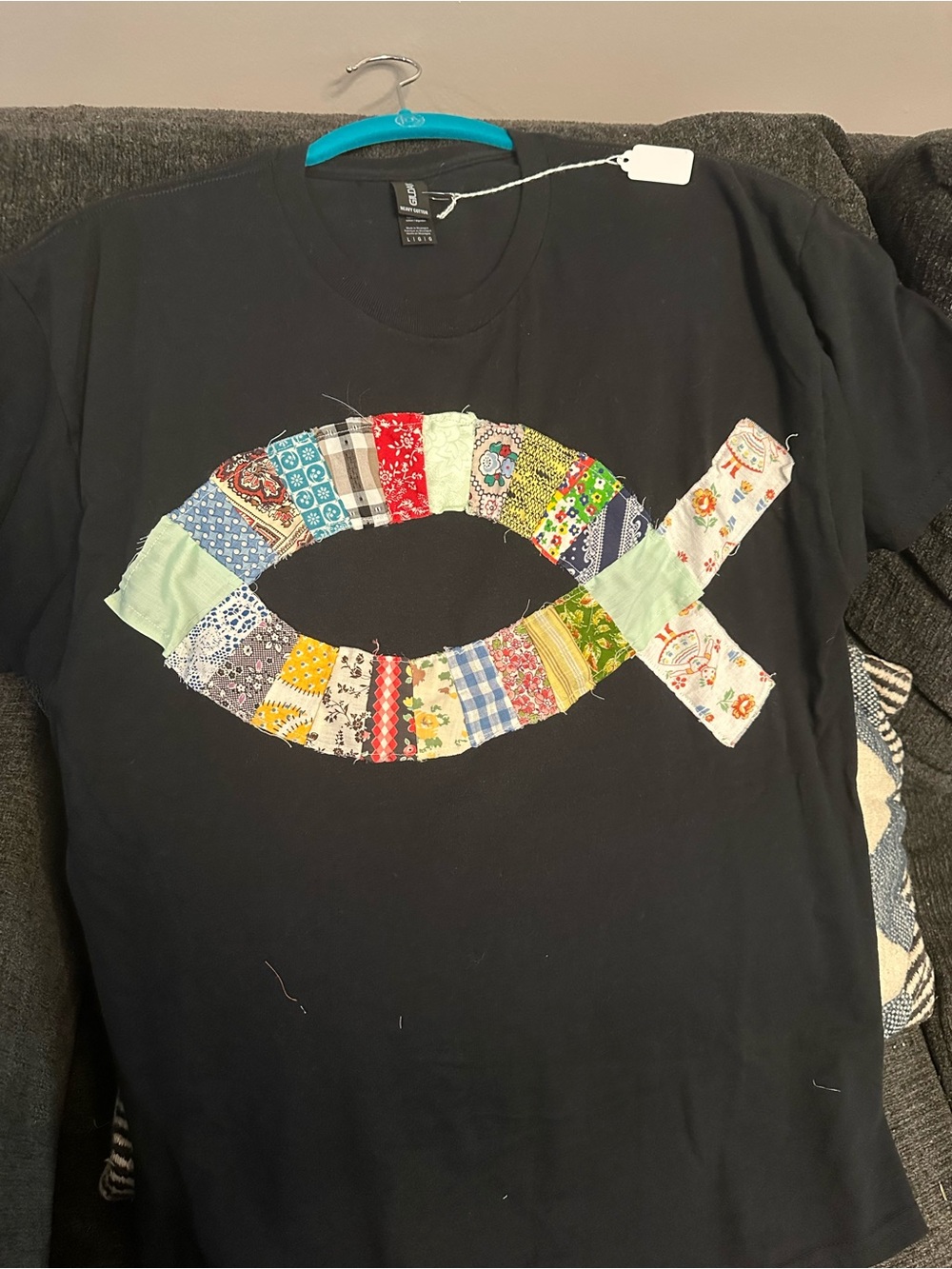 Tee with Multicolor Patchwork Fish made from repurposed quilt. Super cute.